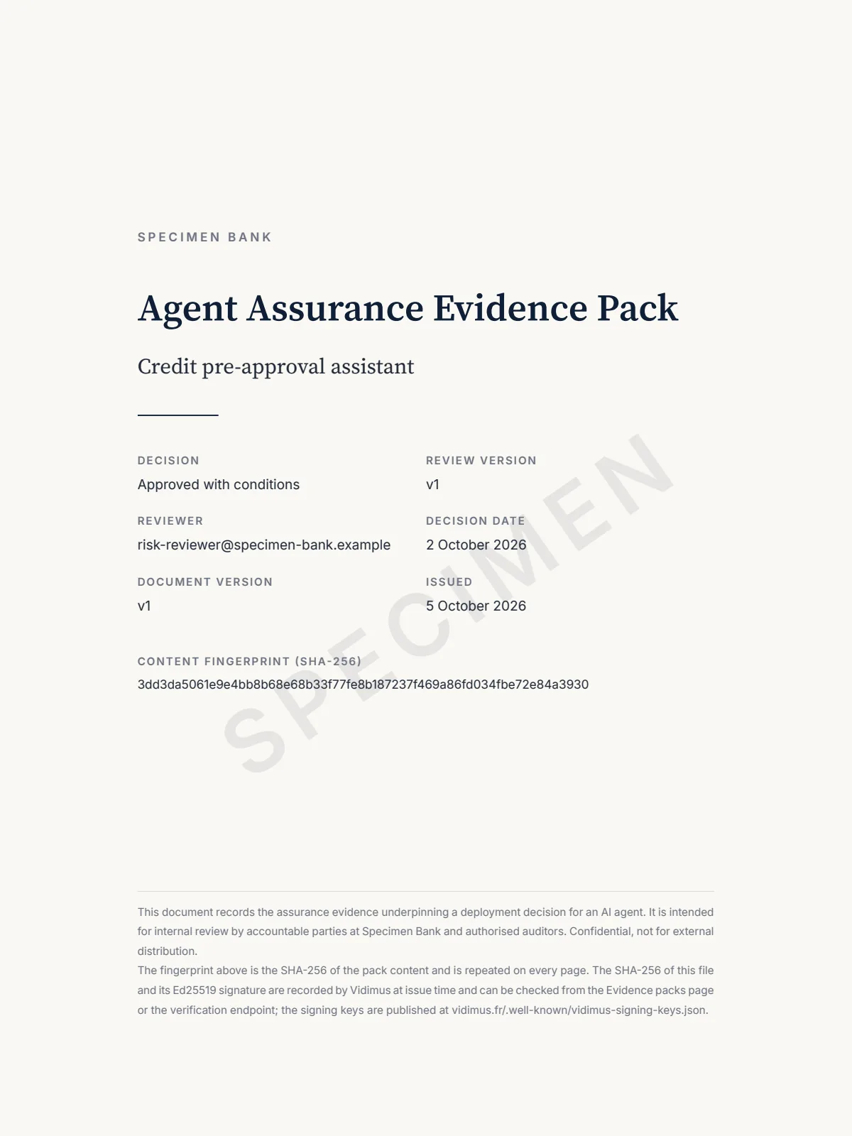 Page one of the specimen evidence pack: the agent, the version, the content fingerprint, the signature line and the SPECIMEN mark.