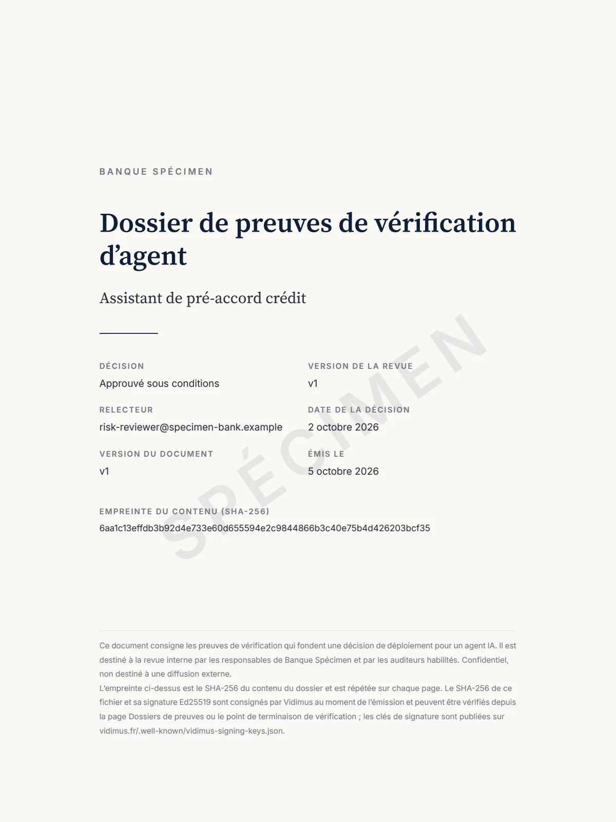 Première page du dossier de preuves spécimen : l’agent, la version, l’empreinte du contenu, la ligne de signature et la mention SPÉCIMEN.